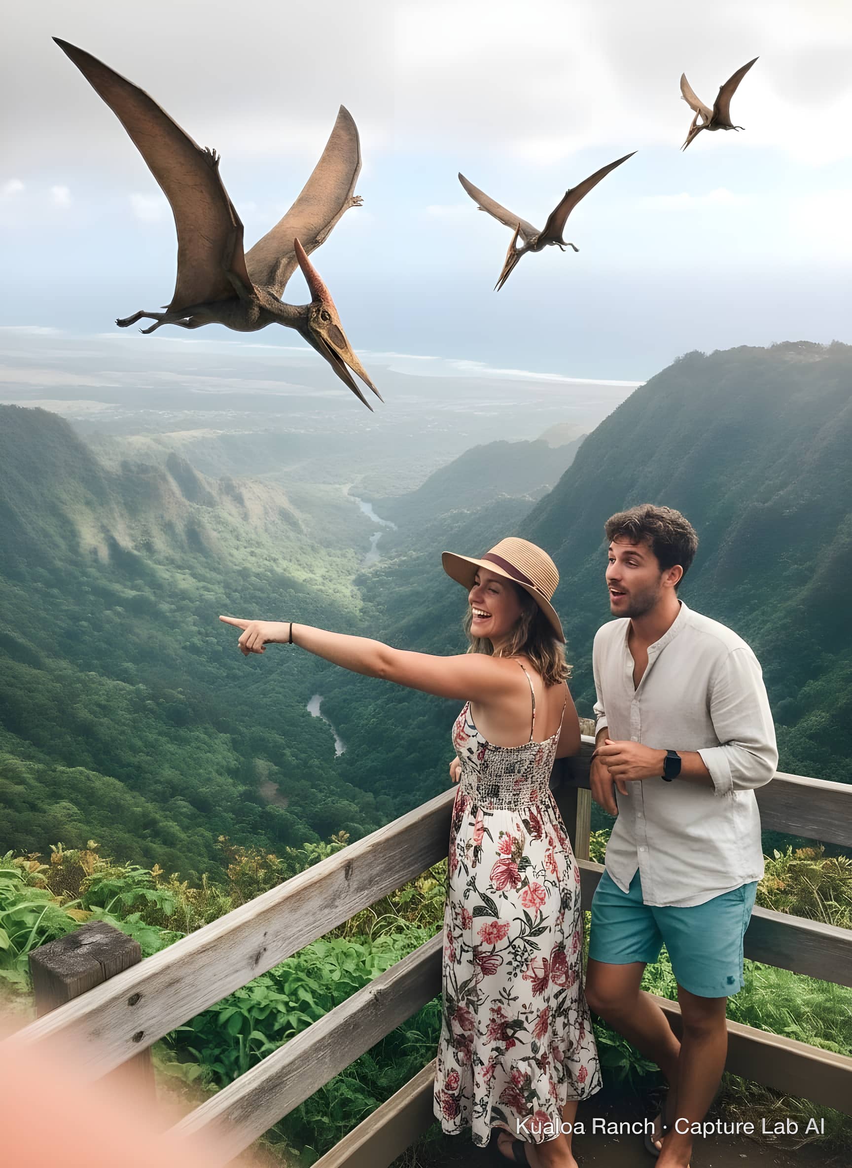 Three pterosaurs sweep the sky above your shot.