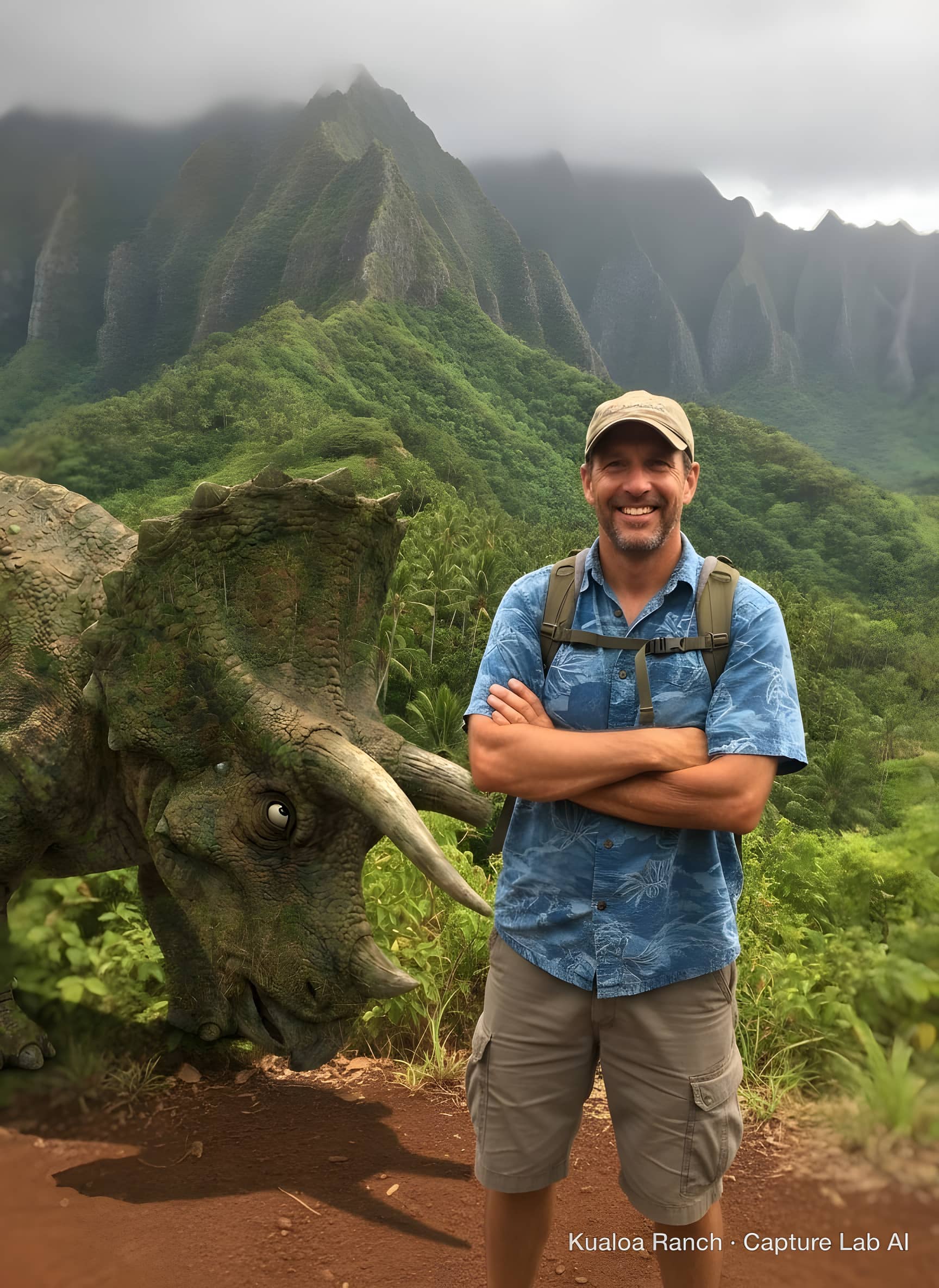 A gentle triceratops joins the group photo.