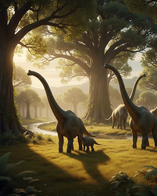 A longneck family grazes into the distance behind you.