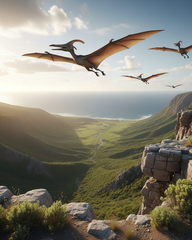 Three pterosaurs sweep the sky above your shot.