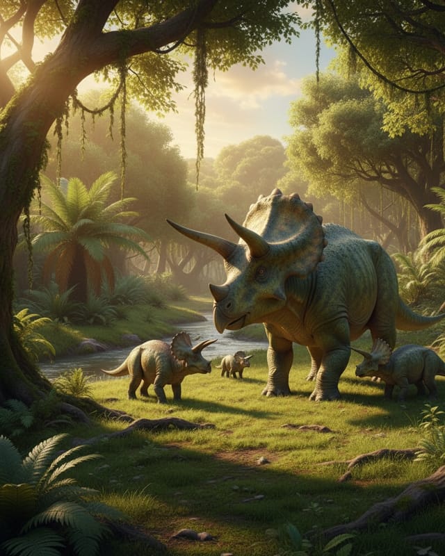 A gentle triceratops joins the group photo.